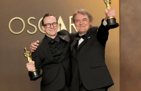 Chris Lavis, left, and Maciek Szczerbowski pose with their Oscars for best animated short film,